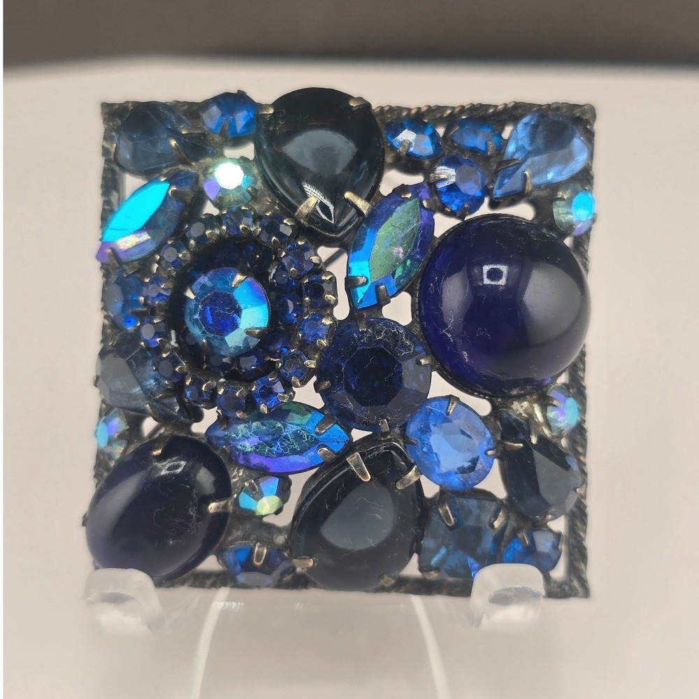 Vintage Weiss Brooch Blue Rhinestone AB Square Statement Pin 1.75in